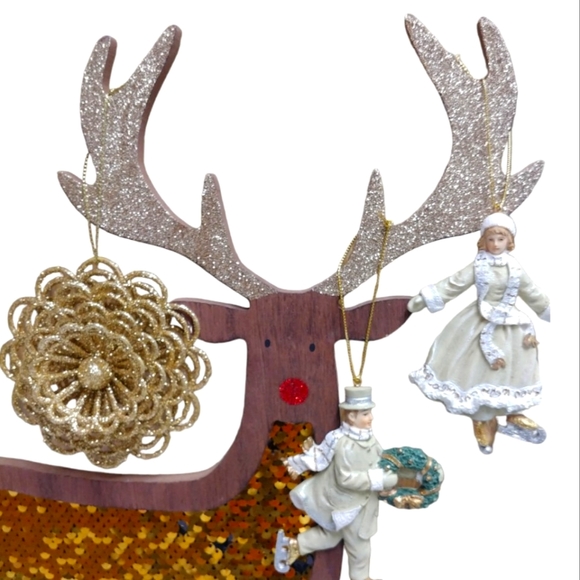 Reindeer Blingy Gold Sequin/Wood Reindeer Figurine with Ornaments - Picture 3 of 10